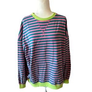 Women’s Striped Pink & Green Oversize Sweatshirt Crewneck Top Large NWT